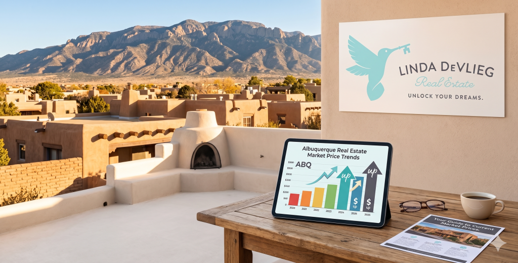 Adobe-style terrace overlooking a desert town with mountains; real estate sign on the wall and a tablet showing market trends on a wooden table.
