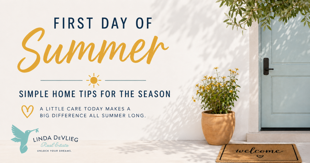 Sign reads 'First Day of Summer' with a sun icon and 'Simple Home Tips for the Season' beside a blue door and potted plant in a sunny entryway.