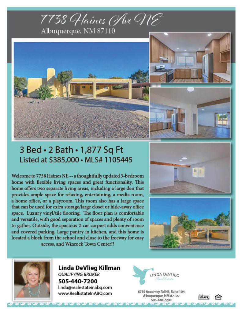 Real estate flyer for a 3 Bed, 2 Bath home in Albuquerque, NM, 1,877 sq ft, listed at $385,000 (MLS 1105445) with exterior and interior photos.