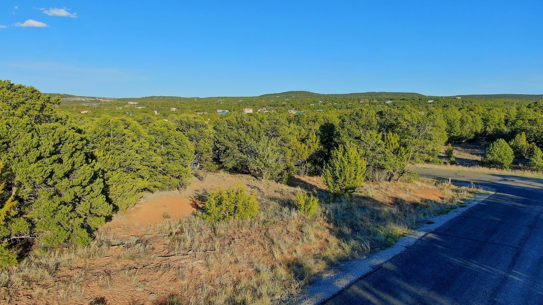 Wide view of a semi-arid landscape with low shrubs, a paved road on the right, and distant hills under a blue sky.
