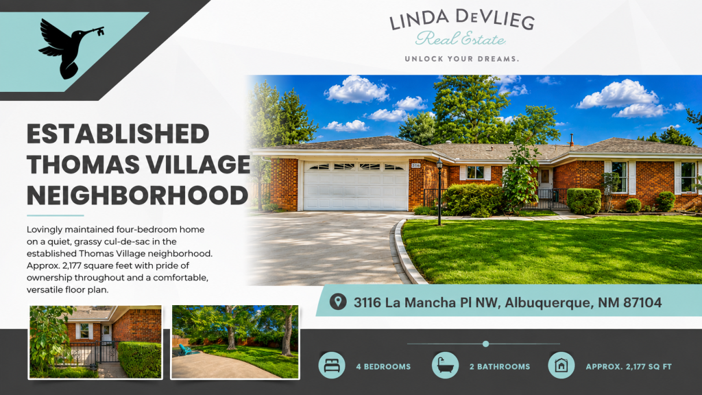 Marketing banner for Linda Devlieg Real Estate showing a brick, single-story home with a manicured lawn and blue sky.